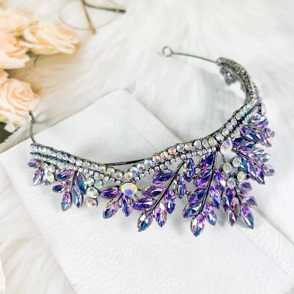 Purple Gemstone Wedding Tiara Headband for Women, Purple Rhinestone Leaf Crown - Picture 2 of 6